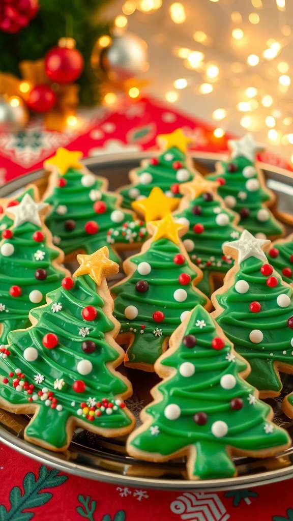 A colorful assortment of Christmas tree-shaped cookies decorated with icing and sprinkles on a festive table.